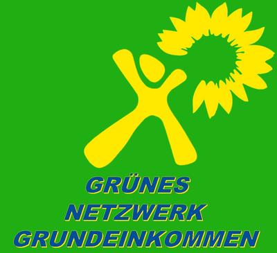 Abgebildet ist das Logo des Grünen Netzwerk Grundeinkommen. Es zeigt ein Grünes Quadrat. Oben rechts ist die stilisierte gelbe Sonnenblume der GRÜNEN Partei zu sehen, mittig eine ebenfalls gelbe Strichperson und unten in blauen Buchstaben der Schriftzug: 