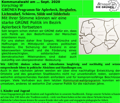Ein Bildschirmfoto der ersten Seite des Entwurfs des GRÜNEN Kommunalwahlprogramms.