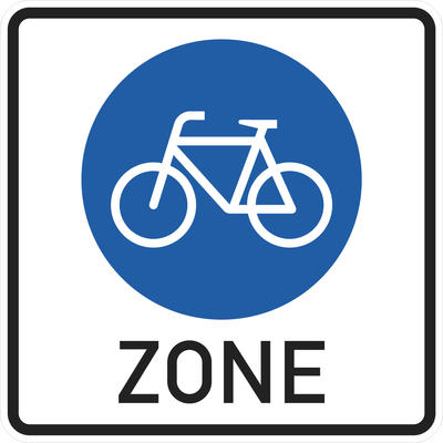 Das Verkehrszeichen zeigt ein stilisiertes weiße Fahrrad auf einem blauen Kreisgrund. Darunter steht das Wort 